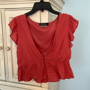 Coral Crop Top with Ruffle Short Sleeve